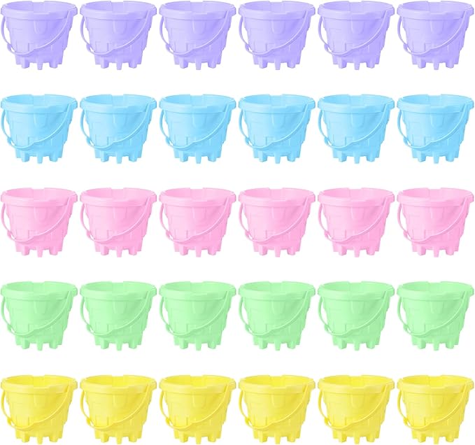Lenwen 30 Pcs Beach Sand Buckets for Kids 5.5 Inch Easter Buckets Bulk Plastic Sand Castle Pail Beach Building Toys for Toddlers Girls Boys Gift Party Favor,5 Assorted Colors