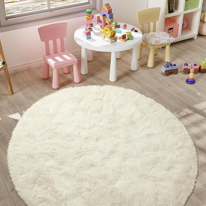 LOCHAS Luxury Round Fluffy Area Rugs for Bedroom Kids Girls Room Nursery, Super Soft Circle Rug, Cute Shaggy Carpet for Children Living Room, 5x5 Feet Cream