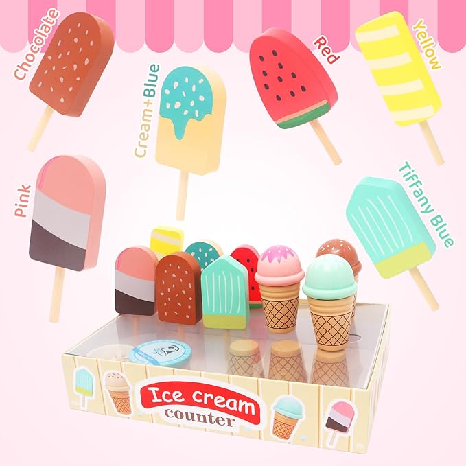 Wooden Ice Cream Toys for Toddlers 3-5 Kids Play Store Pretend Food Kitchen Accessories with Scoop & Menu & Toy Cash, Wooden Ice Cream Counter Shop Playset for 3 4 5 Year Old Birthday