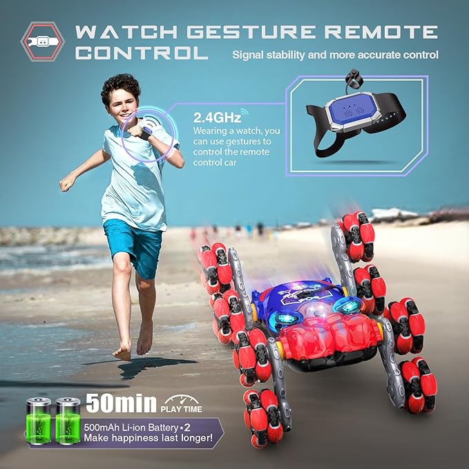 Remote Control Car, 8WD Gesture Sensing RC Car, 2.4GHz RC Stunt Cars Boys Toys with Spray & Light, Hand Controlled Toys Gift for Kids Boys Age 8 9 10 11 12 Year Old