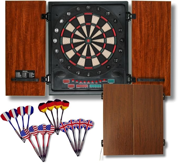 Dartboard Professional Electronic Dart Board with LED Digital Scoreboard, Wooden MDF Cabinet, 27 Games, 202 Variations, Includes 16 Soft Tip Darts & 16 Replacement Tips, Perfect for Adults Game Room
