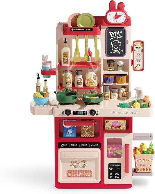 Kids Kitchen Playset Set, 63PCS Pretend Play Kitchen Toys for Toddlers, Cooking Stove with Steam Sound Light, Play Sink with Manual Faucet, Play Food Accessories Gift for Girls Boys, 33’’H