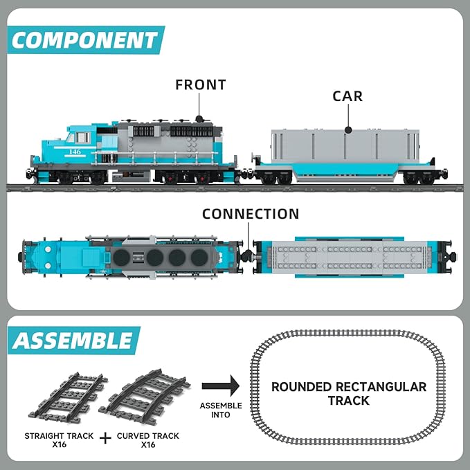 Train Building Block Set, Freight Cargo Internal Combustion Locomotive Model Building Toys, Gift for Kids Age 8+/Adult (1078 Pieces, with 32 Rails and Rechargeable Motor)