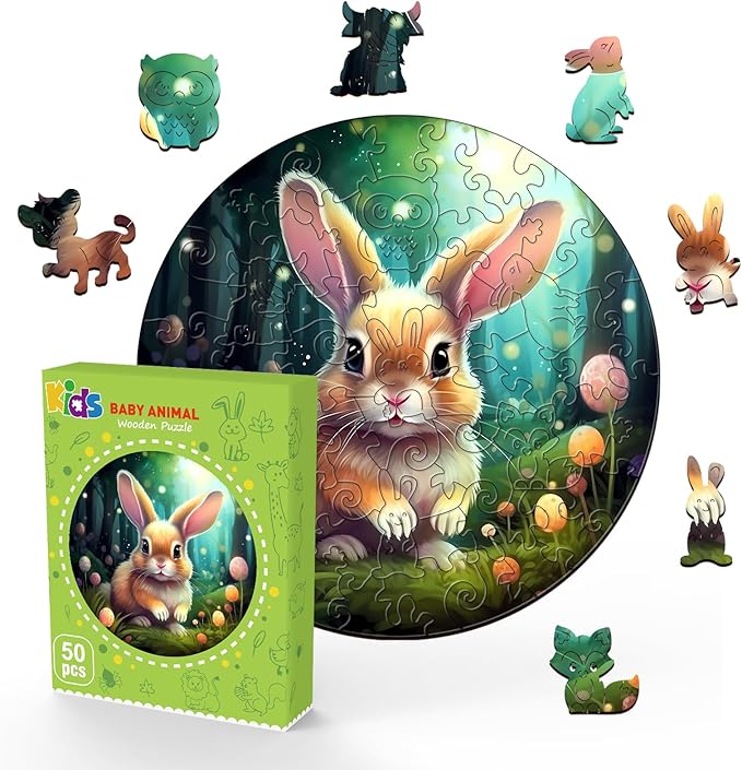 WOODBESTS 50 Piece Large Pieces Wooden Puzzles for Kids Ages 4-6, Rabbit Wooden Kids Puzzles (11.4"x11.4") Wooden Jigsaw Puzzles Unique Shape, Birthday Easter Gifts for Kids Family Game