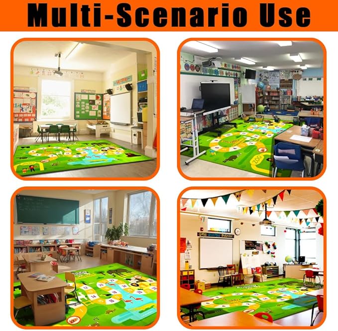 Classroom Rugs for Playroom, Preschool, Daycare Rug for Classroom, Large Learning Numbers Road Play Map Animal Safari Road Playtime Educational Area Rugs for Kids, Nursery(13'x7'7'', Green)