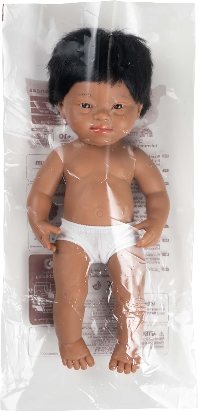 Miniland Doll 15'' Hispanic Boy with Down Syndrome (Polybag) - Made in Spain, Anatomically Correct, Quality