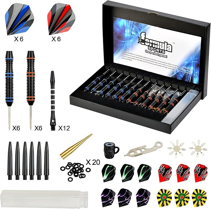 Formula Sports Darts Metal Tip Set - Steel Tip Darts Professional Metal Darts Set 12PCS 21/23 Grams Pro Darts Set with Aluminium Shafts, Extra Flights, Dart Sharpener, Flight Protector