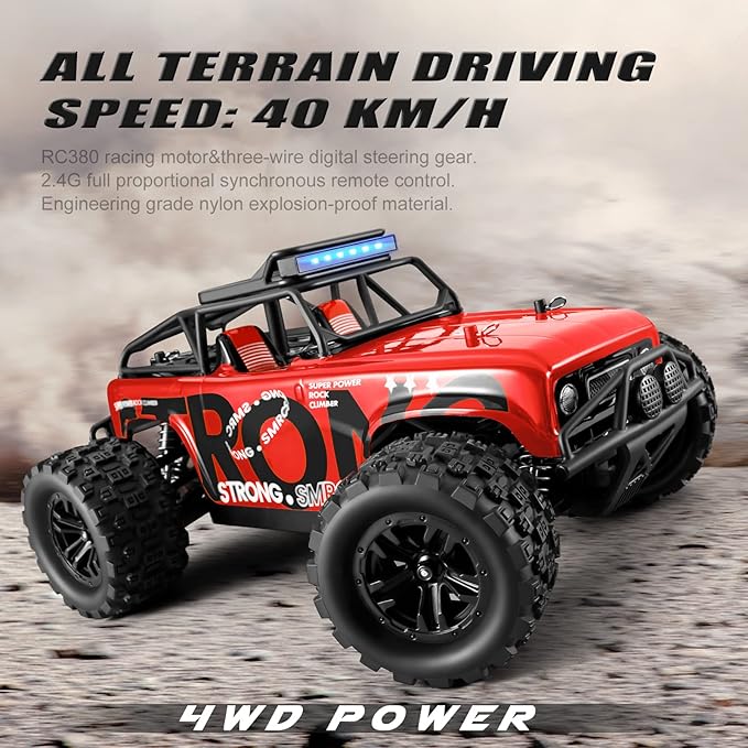 RC Car Remote Control Truck, 1:18 Scale 4WD Off Road RC Truck, 40km/h Remote Control Cars, 2.4Ghz RC Vehicle Rock Crawler with 2 Batteries-60 min Playtime, for Boys Kids Girls Teens - Red