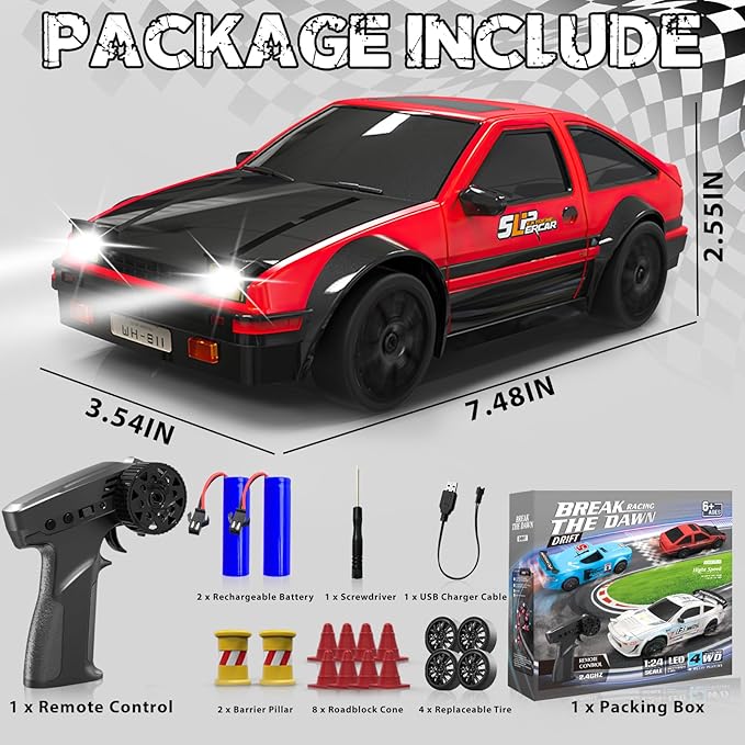RC Drift Car, 1/24 Remote Control Car, 2.4Ghz 17KM/H High Speed RC Cars with LED Lights, Extra Tires, 2 Rechargeable Batteries, 4WD Racing Car Toys Christmas Birthday Gift for Kids Boys Girls Adults