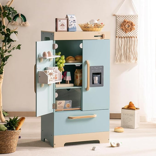 ROBOTIME Toy Kitchen Wooden Fridge, Play Refrigerator for Kids & Toddlers, Wooden Fridge Freezer Set with Ice Maker and Foods, Pretend Play Kitchen Playset for Ages 3+