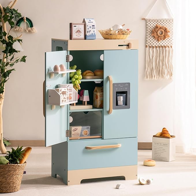 ROBOTIME Toy Kitchen Wooden Fridge, Play Refrigerator for Kids & Toddlers, Wooden Fridge Freezer Set with Ice Maker and Foods, Pretend Play Kitchen Playset for Ages 3+