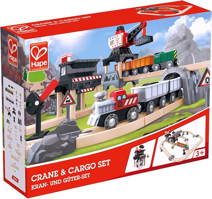 Hape Crane and Cargo Train Set | Wooden Railway Toy Set with Magnetic Crane, Button Operated Loader and Adjustable Rail Signal