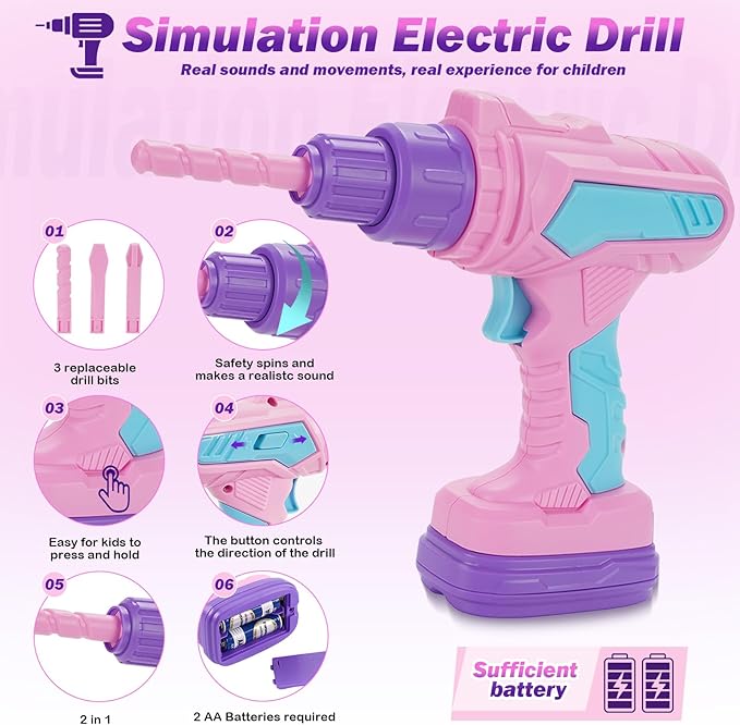 Kids Tool Set, 67 PCS Pink Kids Tool Box for Girls, Electronic Toy Drill&Tape Measure, Pretend Play Girls Toys Construction Tools Kit & Belt, Christmas Birthday Gift Ideas Toddler Tool Set Age 3 4 5+