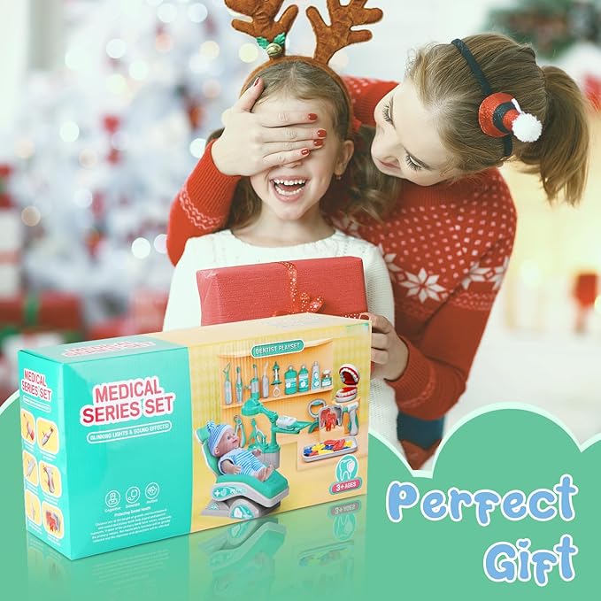 Doctor Kit for Toddlers 3-5, 28 Pcs Kids Dentist Play Set for Girls Boys Gift, Pretend Play Medical Kit with Chair, Dental Tools, Cute Doll, Kids Role Play Dentist Gift for Birthday Christmas(Green)