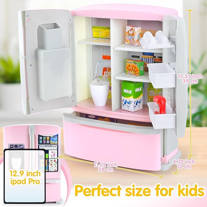 PLAY Kids Kitchen Refrigerator with Ice Dispenser, Pretend Kid Toy Fridge Kitchen Playset, Kitchen Appliance Accessories for Girl Boy Christmas Birthday Gift Age 3+, Pink