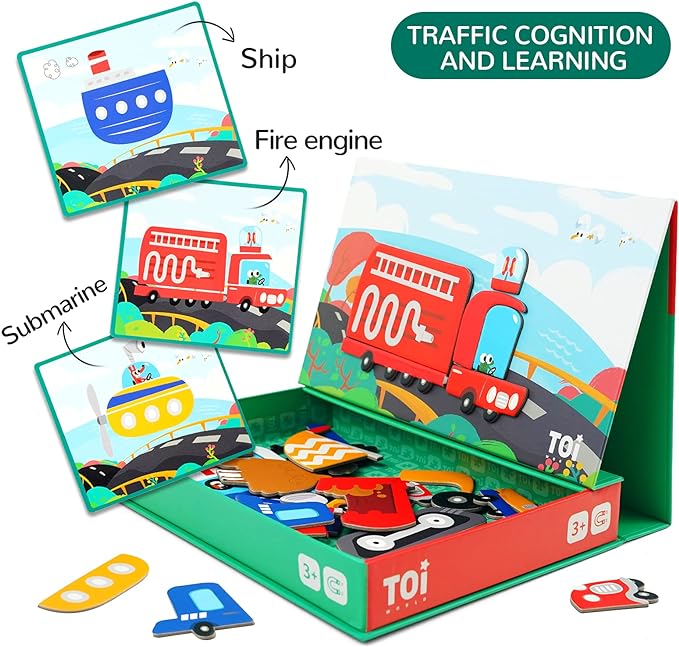 Toi Kids Magnet Toys Magnetic Jigsaw Puzzle Boxes with Game Board for Kids Ages 3-8, Portable Travel Game, Transport