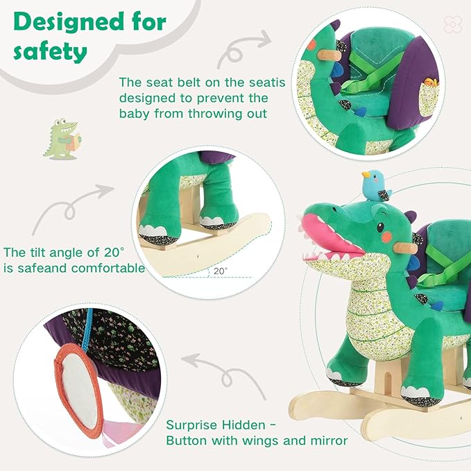 labebe Child Rocking Horse Toy, Stuffed Animal Rocker, Green Crocodile Plush Rocker Toy for Kid 6 Month -3 Years, Wooden Rocking Horse Chair/Rocker/Animal Ride on