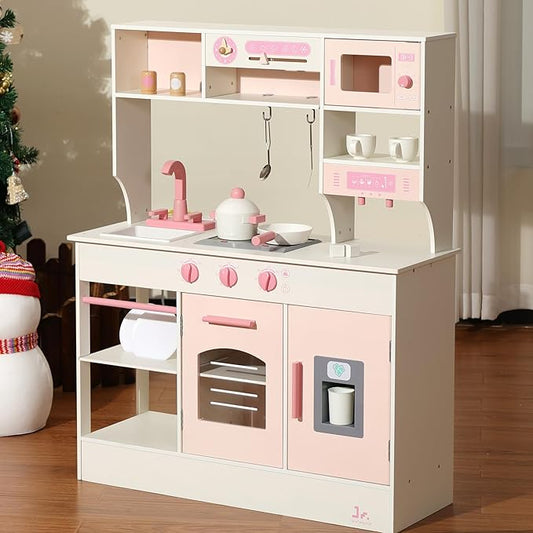 SainSmart Jr. Play Kitchen for Kids, Wooden Kitchen Playset with Lights & Sounds, Ice Maker, Oven & Sink, Trendy Home Style Toy Kitchen, Gift for 3+ Years