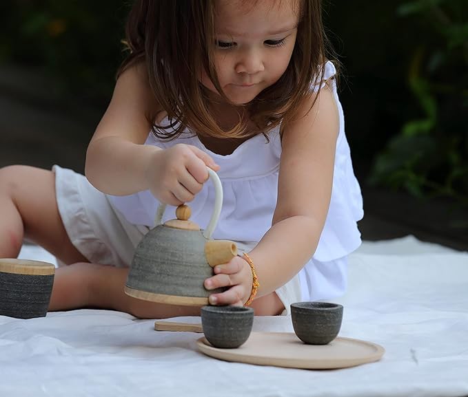 PlanToys Wooden Classic Styled Tea Party Set for a Pretend Play Tea Party (3617) | Sustainably Made from Rubberwood and Non-Toxic Paints and Dyes | Eco-Friendly PlanWood