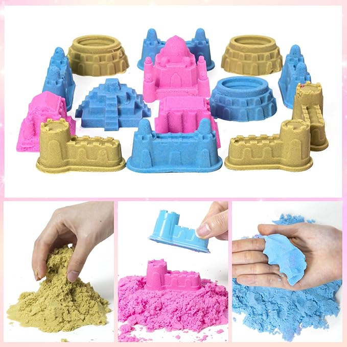 Hymaz Unicorn Sensory bin, Unicorn and Mermaid Play Sand Kit, Sandbox with 2.2lbs Magic Sand, Castle Molds, Ocean Scene Models, Preschool Indoor Birthday Gifts for Boys Girls Age 3 4 5 6 7 8