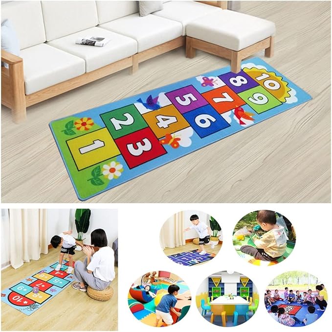 Hop and Count Hopscotch Rug, Kids Floor Play Area Rug Game Carpet Crawl Jump Mat, Children Numbers Learning Non-Slip Rug, Great for Ages 3 to 7 Boys Girls, Home Decor, 26''x78''