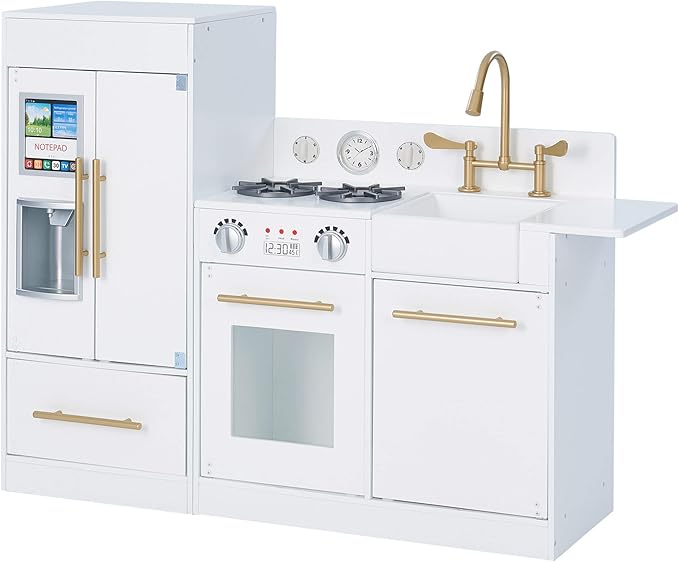 Teamson Kids Little Chef Charlotte Modern Modular Interactive Wooden Play Kitchen with Refrigerator, Stove and Sink in White with Gold Finishes