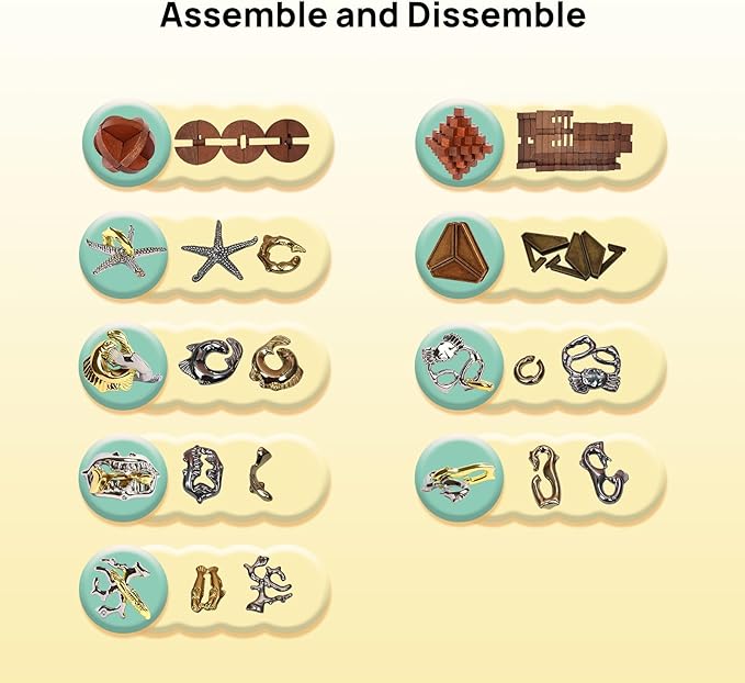 9pcs Difficulty Retro Wooden and Metal Puzzles Challenging Game for Adults, Teens, and Kids Brain Teaser Cool Mind Puzzles