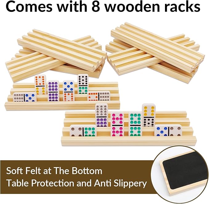 Mexican Train Dominoes Set with 8 Wooden Trays/Racks, Double 12 Dominos Travel Set with 8 Domino Tiles Holders, 91 Tiles Double 12 Colored Dominoes Game Set with Portable Case for Families Kids