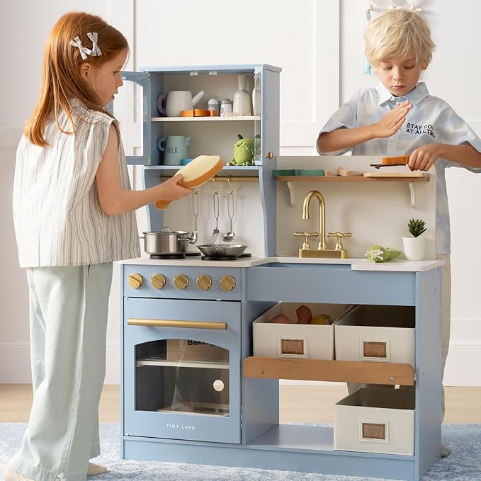 Tiny Land Wooden Play Kitchen Set - Toy Storage System, Plenty of Play Features, Ages 3+ (Blue)
