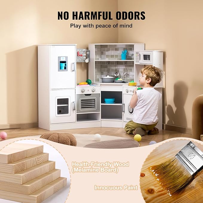 VEVOR Interactive Wooden Toy Play Kitchen Playset for Kids with Lights and Sounds, Corner Design with Ice Maker, Oven, Sink, Clock, Microwaves, Refrigerator and Accessories, for Girls & Boys, White