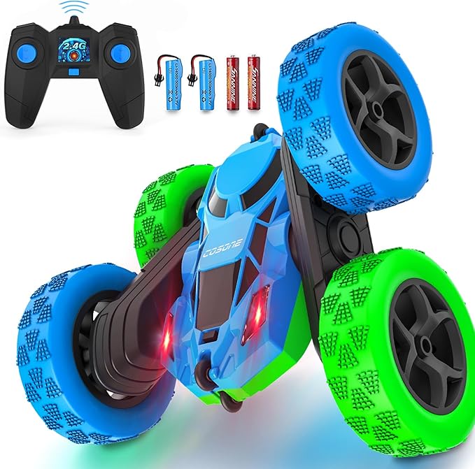 cosone Remote Control Car Toys for Boys - 4WD 2.4Ghz Double Sided 360° Rotating All Terrain RC Cars with Cool Lights, Kids Birthday for Boys-Blue&Green