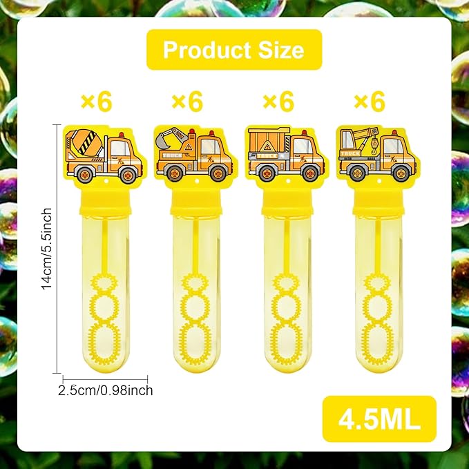 24 Pack Construction Truck Bubble Wands for Kids - Large Cartoon Excavator Bubbles Bulk with Refill Solution Toys for Carnival, Goodie Bag Stuffers, Boys Girls Birthday Gifts, Christmas Party Favors