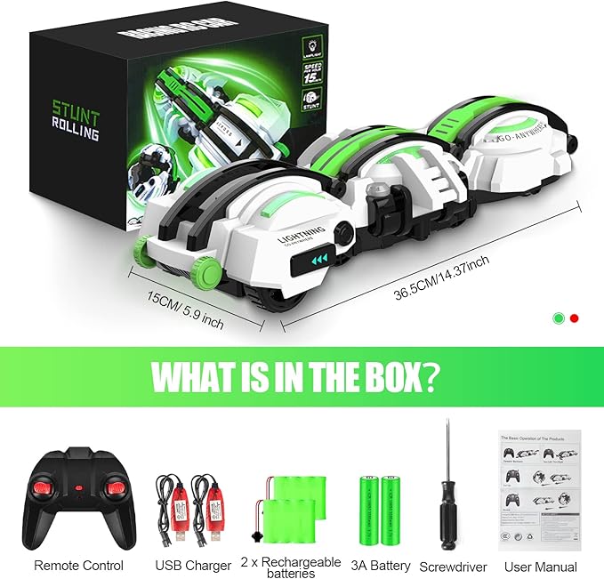 BAZADER RC Car with LED Lights - Remote Control Car Snakes 360° Roll Toy, Birthday for Kids Age 7 8 9 10 11+ Year Old, 2 Batteries 60+min, Indoor/Outdoor Toy for 6-12 yr Teen Boys