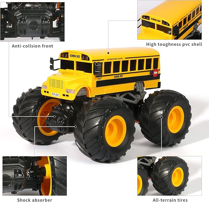 Remote Control School Bus Monster Truck Toy,1/18 RC School Bus,2.4GHz Offroad Hobby RC Racing Car with LED, High Speed All Terrain Electric Toy Vehicle Stunt Crawler, Best Gift for Kids