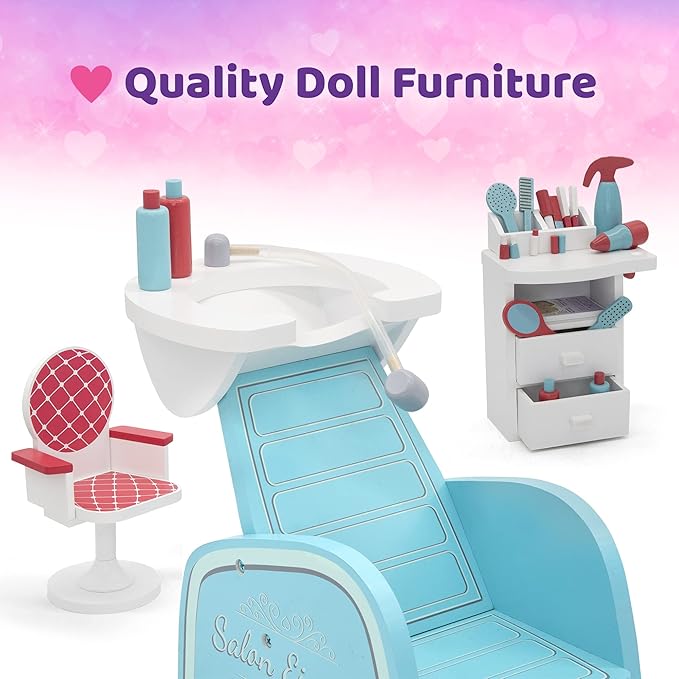 Playtime by Eimmie 18 Inch Doll Furniture Salon & Nail Set – Wooden Playset with Hair Styling Accessories, Fits American, Generation, My Life & Similar 14”-18” Dolls
