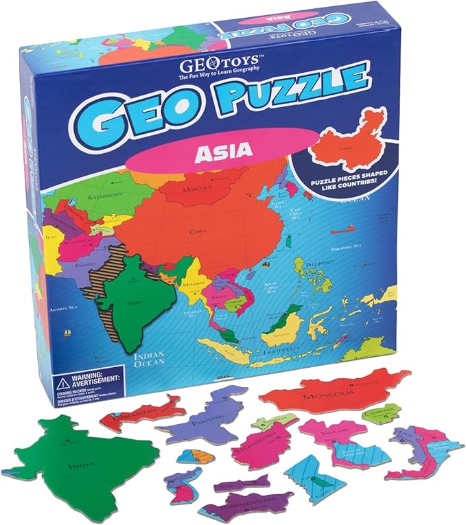GeoToys GeoPuzzle, Asia Shaped Jigsaw Puzzles, 50 Pc Geography Puzzle, Geography Game & Map Puzzle, Jigsaw Puzzles for Kids Ages 6-9 Years Old