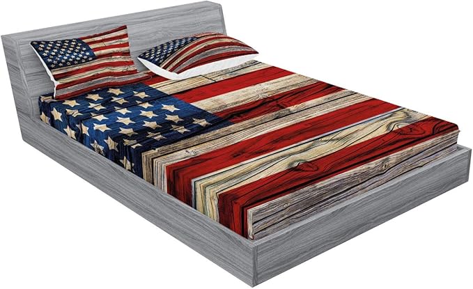 Ambesonne 4th of July Fitted Sheet & Pillow Sham Set, Wooden Planks Painted as United States Flag Patriotic Country Style, Decorative Printed 3 Piece Bedding Decor Set, King, Red Beige Navy Blue