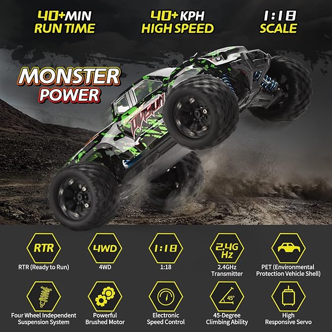 TENSSENX 1:18 Scale All Terrain RC Cars, 40KM/H High Speed 4WD Remote Control Car with 2 Rechargeable Batteries, 4X4 Off Road Monster Truck, 2.4GHz Electric Vehicle Toys Gifts for Kids and Adults