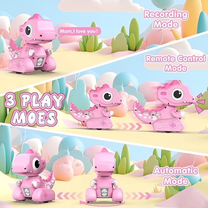 Remote Control Car, 2.4GHZ Remote Control Pink Dinosaur Toys for Kids 3-5, Recording and Repeating LED Lights Eyes Music RC Dinosaur Cars Toys for Girls Boys Birthday Gift