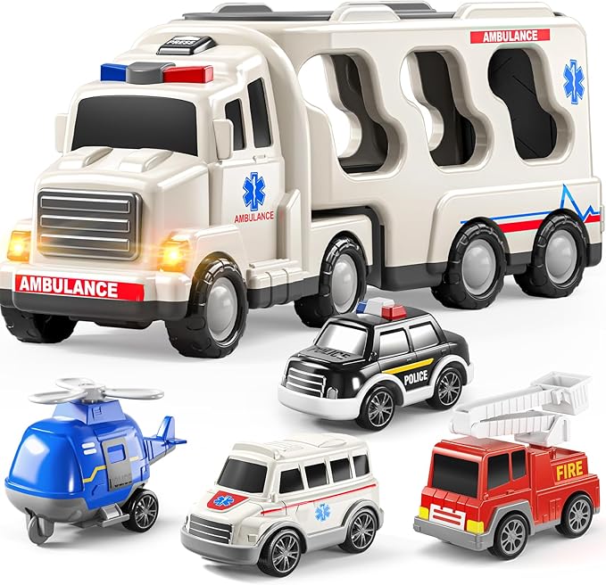 TEMI 5 Pack Ambulance Vehicle Toddler Truck Toys for 3 4 5 6 Year Old Boys, Friction Powered Cars with Toy Helicopter, Police Car, Fire Truck, Ambulance Car, Birthday Gifts for Girls Age 3-9