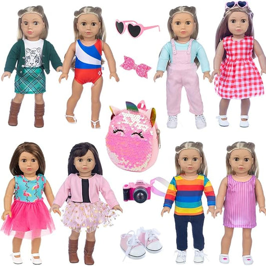ebuddy 18 inch Doll Clothes and Accessories - 8 Sets Outfit with Shoes Backpack Glasses Camera for 18 inch Girl Doll(Doll not Include)