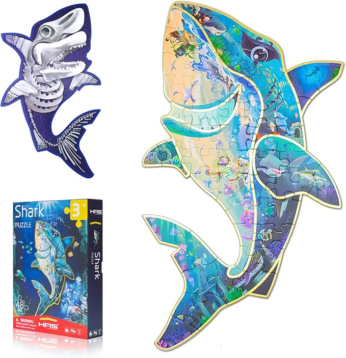 HAS Happiness and Surprise Floor Puzzles for Kids Ages 3-8, Double-Sided Shark Shape Puzzle, Ocean World Puzzles, 48 Pieces Children Jigsaw Puzzle for Boys and Girls Gifts
