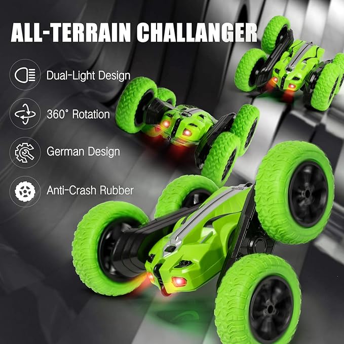 RC Car, 4 Wheel Drive Stunt Car Toy for Kids, Hobby RC Crawlers, Double Sided Rotating 360°Remote Control Car, Dual-Color Headlights Blue/Red/Green, (K-02)