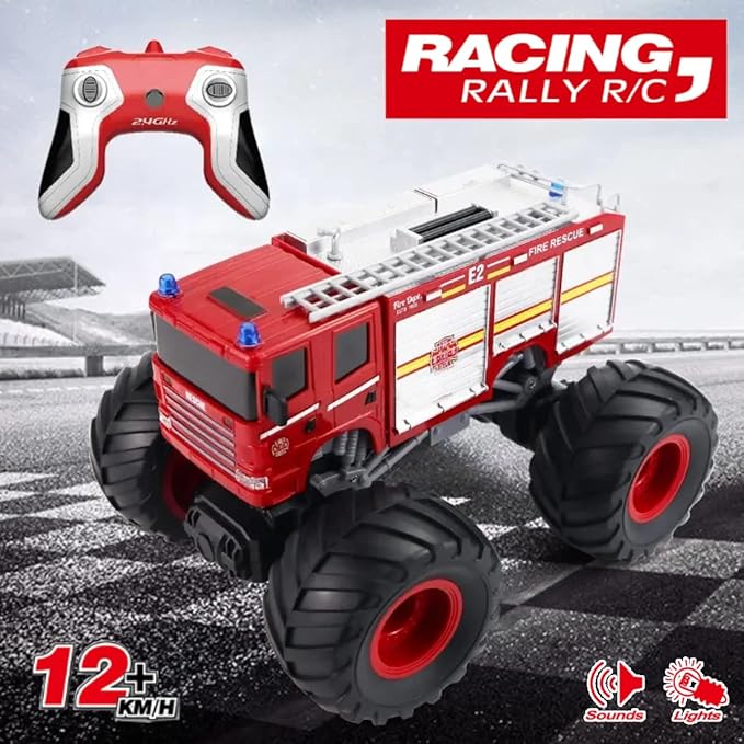 Remote Control Monster Truck - 1:18 Scale RC Fire Truck, 2.4GHz Big Wheel School Bus With Lights, Sounds, Rechargeable Electric Toy Stunt Jam Car for Kids, Boys, Girls