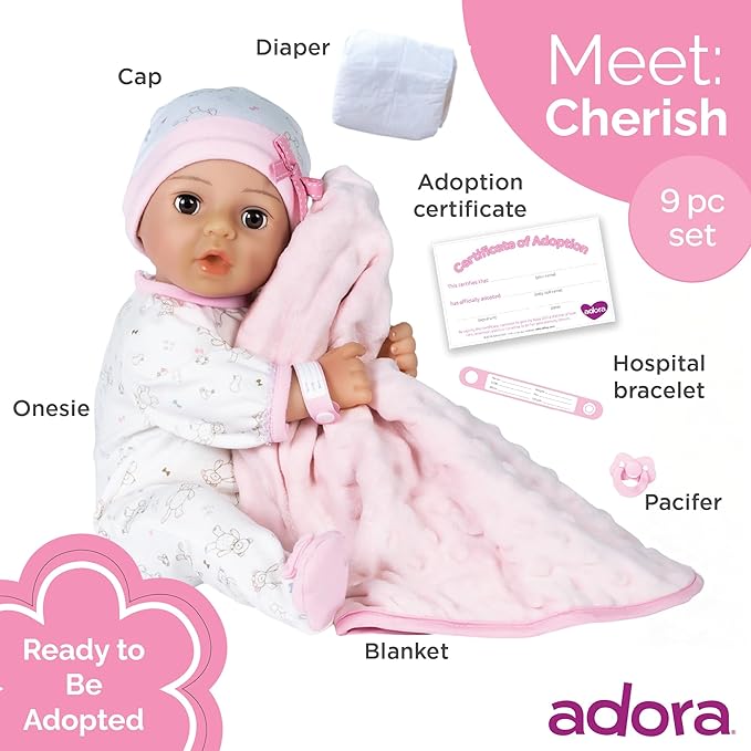 Adora 16 Inch Girl Baby Doll with Accessories Matching 9-Piece Set Including a Pacifier, Hospital, Bracelet, Diaper, and More Gift for Toddlers Ages 3+ Adoption Babies Collection - Cherish
