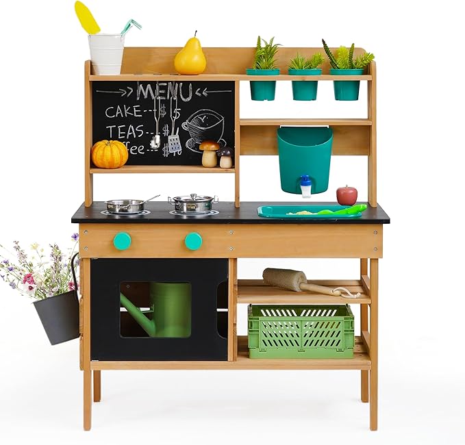 Mud Kitchen for Kids Outdoor – Wooden Pretend Play Kitchen Set with Realistic Stove, Sink & Gardening Tools | Montessori Learning Playset Toy for Toddler Ages 3+