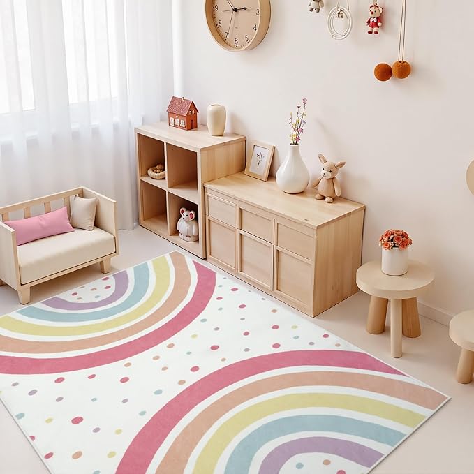 STARUIA Washable Rainbow Rug for Girls Bedroom, Large Area Rug 5x7 Colorful Rug for Nursery Kids Room, Soft Non-Slip Carpet Kids Rug for Classroom Playroom Tent Castle Dorm
