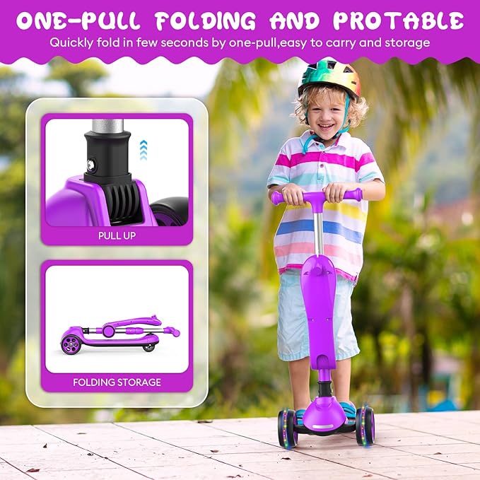 Kids Kick Scooter,Adjustable Height Handlebars and Removable Seat Scooters for Kids,3 Lighted Wheels Anti-Slip Deck Toddler Scooter for Boys & Girls Aged 3-12 up to 132 Lbs.