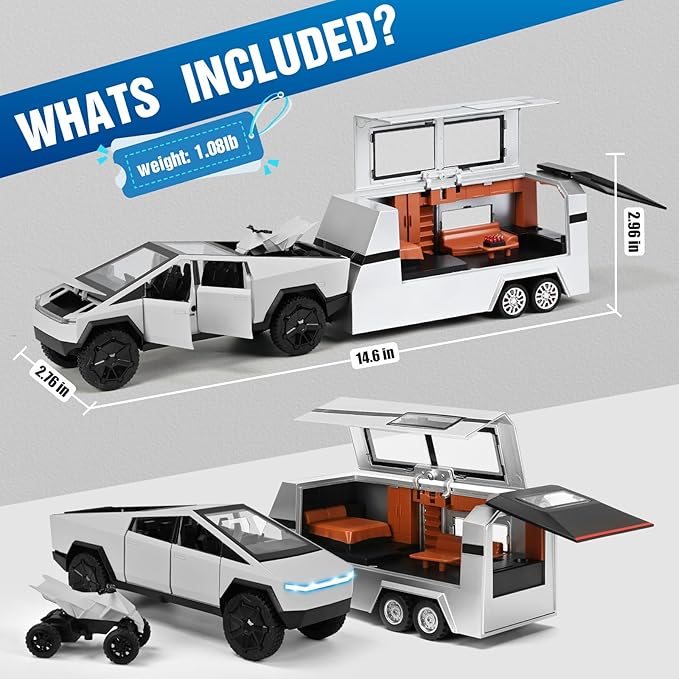 INGQU® Toy Car Alloy Diecast Pick-up Truck Model with RV & Motorcycle with Sound and Light Race Car Display Model Metal Pull-Back Vehicle 3-in-1 Camping Car Set Ideal Gift for Boys Kids Age for 3+
