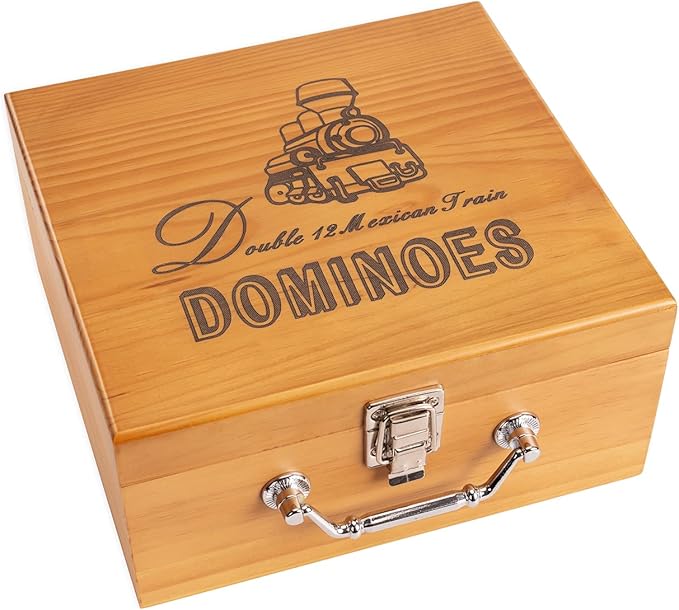 Double 12 Coloured Dot Dominoes Mexican Train Game Set with Wooden Case, 91 Tiles 9 Trains, Scoreboard, Acrylic Game hub